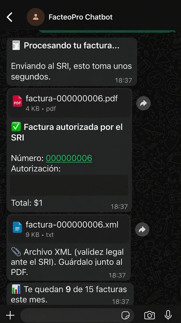 Factura electrónica autorizada por el SRI entregada en WhatsApp con PDF y XML